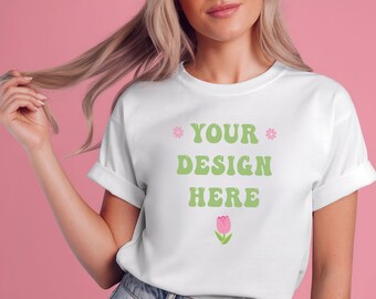 White Rolled Sleeve T-Shirt Mockup: Female Model, Pink Background