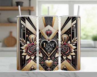 Art Deco Tumbler Design, Gold Roses PNG, Geometric Hearts, I Love You 20oz Skinny Tumbler Sublimation, Digital Download