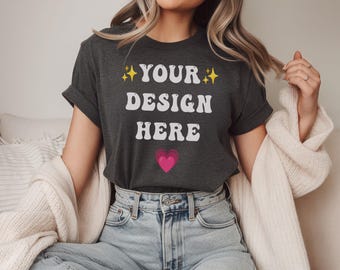 Dark Heather Rolled Sleeve T-Shirt Mockup: Female Model (Digital Download)