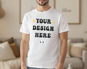 White T-Shirt Mockup: Male Model, Lifestyle Scene (Digital Download)