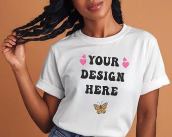 White Rolled Sleeve T-Shirt Mockup: Female Model (Digital Download)