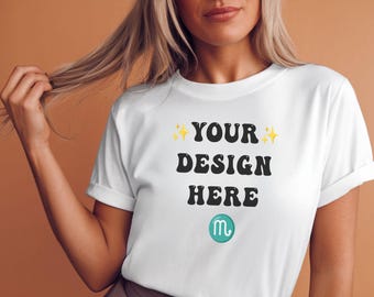 White T-Shirt Mockup: Rolled Sleeve, Female Model (Digital Download)