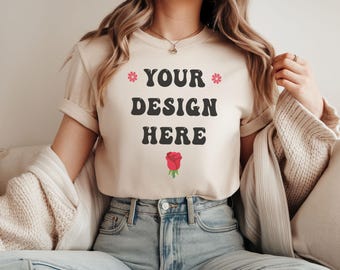 Beige T-Shirt Mockup: Rolled Sleeve Tee, Female Model (Digital Download)