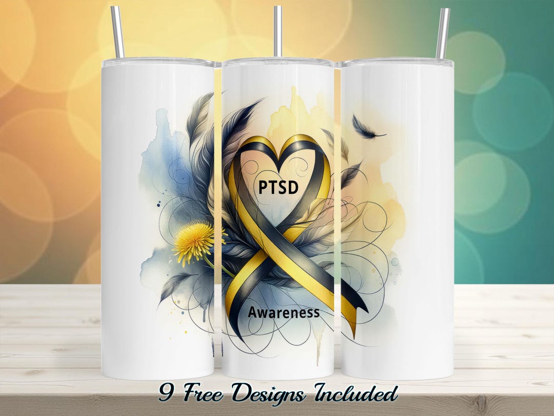 Ptds Ribbon PTSD Awareness Ribbon Tumbler Wrap: Heart Feather Design (PNG Download ...