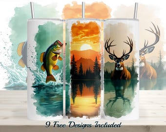 Sunset Lake Tumbler PNG: Bass & Deer Wildlife Wrap (Digital Download)