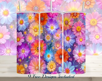 Rainbow Floral Daisy 20 oz Tumbler Wrap Sublimation PNG (Digital Download)