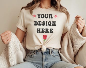 Cream T-Shirt Mockup: Knotted Rolled Sleeve Tee, Female Model (DTG & POD)