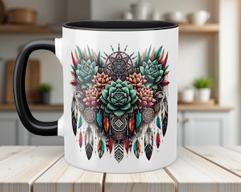 Boho Succulent Mug Design, Dreamcatcher PNG, 11oz and 15oz Sublimation, Feather Mug, Digital Download, Tribal Gift, Free Designs