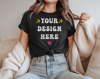 Knotted Black T-Shirt Mockup: Female Model, Rolled Sleeves (Digital Download)