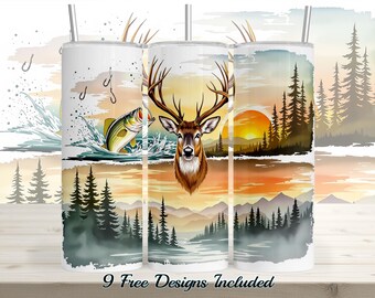 Rustic Deer & Bass 20 oz Skinny Tumbler Wrap, Sunset Sublimation PNG Design for DIY Crafting and Personalized Gifts