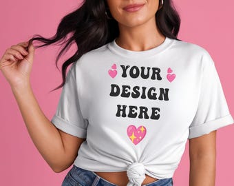 Knotted Tee Mockup: White T-Shirt, Rolled Sleeves (Digital Download)