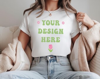 White T-Shirt Mockup: Rolled Sleeve, Female Model (Digital Download)