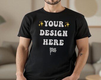 Black T-Shirt Mockup: Male Model, Modern Minimalist (3000x2250 px)