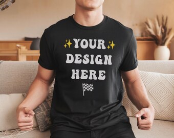 Black T-Shirt Mockup: Male Model, Cozy Interior (Digital Download)