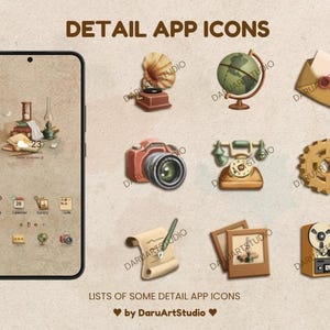 Puede incluir: Un conjunto de iconos de aplicaciones de estilo vintage, que incluyen un gramófono, una cámara, un globo terráqueo y un teléfono, con el texto "DETAIL APP ICONS" y "LISTS OF SOME DETAIL APP ICONS" sobre un fondo beige. Un smartphone muestra iconos similares.