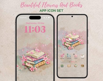Pack d&#39;icônes d&#39;application Belles fleurs et livres, coin vintage pour amoureux des livres, icônes d&#39;application Android et icônes iOS, icônes d&#39;application Iphone, lot d&#39;icônes d&#39;application