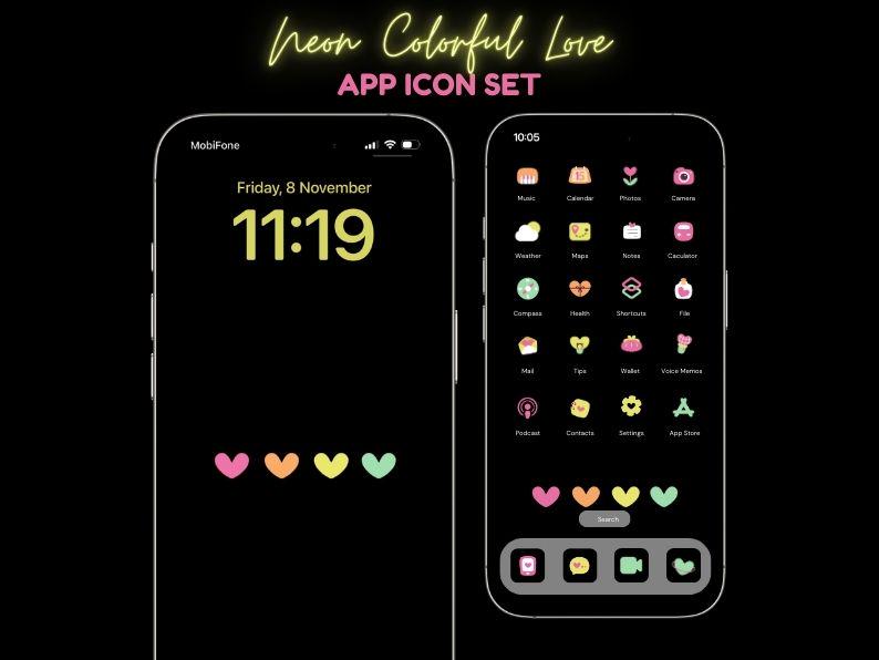 Pack d'icônes d'application Neon Love : plus de 70 icônes colorées pour iOS et Android (téléchargement numérique)