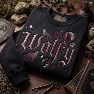 May include: A black crewneck sweatshirt featuring embroidered text that reads Wolfy in a gothic font. The design includes embroidered wolves, paw prints, a moon, and star accents in shades of white, grey, and dark red. An Etsy brand tag is attached.