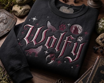 Embroidered Wolf Halloween Sweatshirt, Gothic Werewolf Shirt, Spooky Season Crewneck, Moon Howling Wolf Hoodie, Dark Aesthetic Cozy Fall Tee