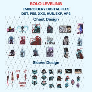 Puede incluir: Un conjunto de archivos de bordado digital para Solo Leveling, una popular serie de anime y manga. El conjunto incluye una variedad de diseños con personajes y símbolos del programa, incluido el personaje principal Sung Jin-Woo. Los diseños son adecuados para usar en ropa, accesorios y otros artículos.