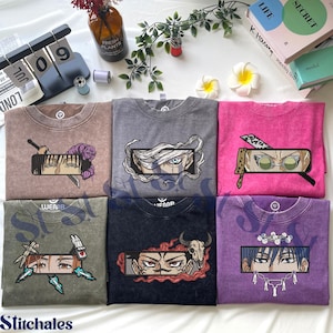 Geborduurd anime-shirt met verwassen look: Sorcery Battle - Cursed Technique Design, cadeau voor JJK-fans
