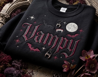 Embroidered Vampy Halloween Sweatshirt, Vampire Bat Castle Crewneck, Gothic Spooky Season Shirt, Dark Aesthetic Tee, Cozy Autumn Gift