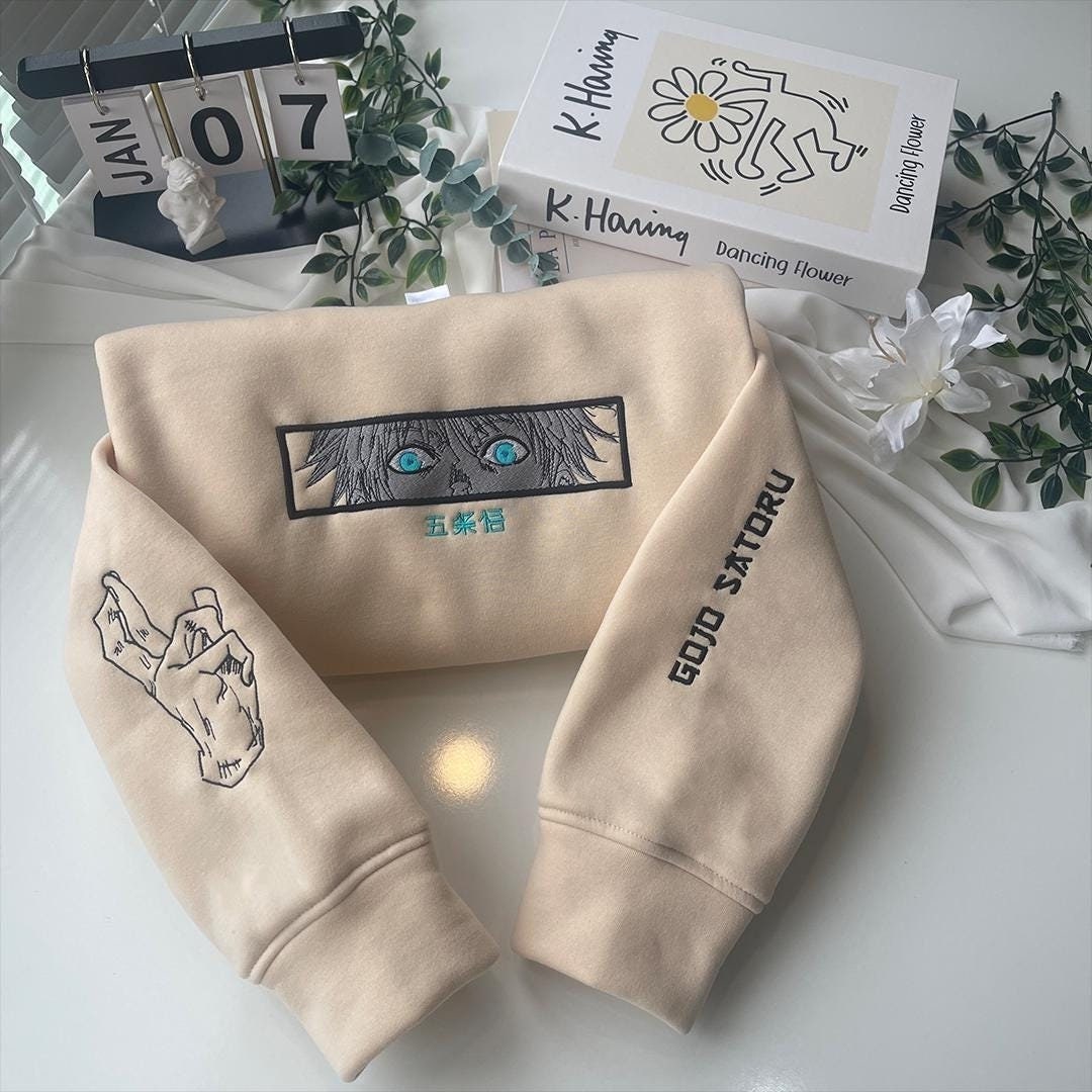 Embroidered Anime Sweatshirt, Sorcery Battle Sweater, Limitless Cursed Technique Design, Six Eyes Manga-Inspired, Gifts for Anime Lovers
