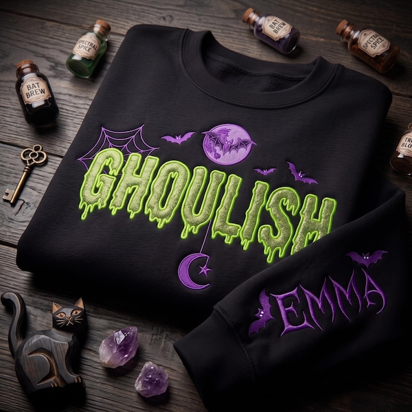 Custom Ghoulish Spooky Embroidered Sweatshirt, Personalized Name Sleeve Halloween Hoodie, Glitter Spooky Season Crewneck, Bat Moon Shirt