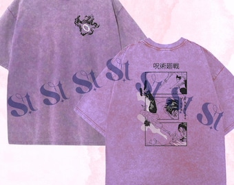 Geborduurd shirt met gewassen anime: ontwerp nabootsing van vervloekte techniek, borduursel Queen of Curses, cadeaus voor JJK-liefhebbers