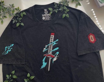 Embroidered Anime Washed Shirt, Demon Killer Tshirt, Water Breathing Shirt, Eleventh Form: Dead Calm Design, Perfect Gifts for KnY Lovers