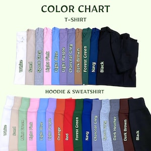 Pode incluir: Carta de cores que mostra as cores dispon&iacute;veis para camisetas e moletons com capuz. A carta mostra 15 cores diferentes para camisetas e 15 cores diferentes para moletons com capuz. As cores incluem branco, areia, verde menta, rosa claro, azul claro, roxo claro, laranja, vermelho, verde floresta, azul marinho, cinza chumbo, cinza esportivo, cinza escuro, marrom escuro e preto.