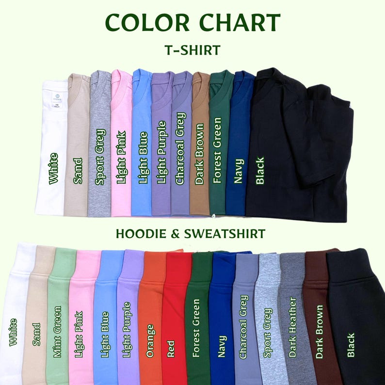Pode incluir: Carta de cores que mostra as cores dispon&iacute;veis para camisetas e moletons com capuz. A carta mostra 15 cores diferentes para camisetas e 15 cores diferentes para moletons com capuz. As cores incluem branco, areia, verde menta, rosa claro, azul claro, roxo claro, laranja, vermelho, verde floresta, azul marinho, cinza chumbo, cinza esportivo, cinza escuro, marrom escuro e preto.