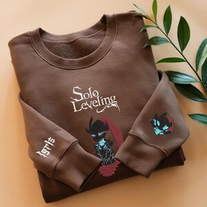 May include: A brown sweatshirt with the text "Solo Leveling" and a black and red character design on the front. The left sleeve has the text "Jirvis" embroidered on it.