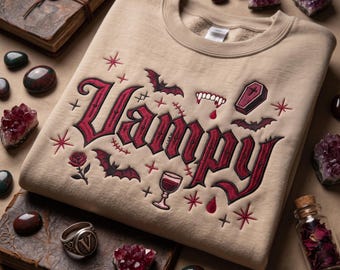 Embroidered Vampy Halloween Sweatshirt, Gothic Vampire Bat Castle Crewneck, Spooky Season Shirt, Vampire Teeth Outfit, Cozy Autumn Gift