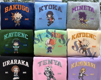 Sudadera de anime bordada personalizada, camiseta con nombre y año personalizados, suéter de héroe y villano, sudadera con capucha inspirada en peculiaridades, regalos para amantes de My Hero Academia