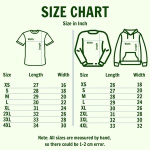 Pode incluir: Tabela de tamanhos para t-shirts, sweatshirts e hoodies. A tabela mostra a largura e o comprimento em polegadas para os tamanhos XS a 4XL.