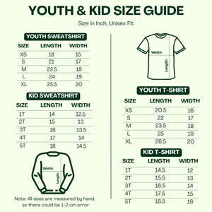 Może przedstawiać: Tabela rozmiar&oacute;w zatytułowana YOUTH & KID SIZE GUIDE z wymiarami w calach dla bluz i koszulek unisex. Zawiera tabele dla rozmiar&oacute;w młodzieżowych i dziecięcych, schematy koszulki i bluzy oraz informację o możliwym błędzie pomiaru rzędu 1-2 cm.