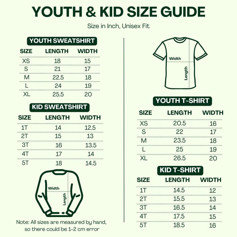 Może przedstawiać: Tabela rozmiar&oacute;w zatytułowana YOUTH & KID SIZE GUIDE z wymiarami w calach dla bluz i koszulek unisex. Zawiera tabele dla rozmiar&oacute;w młodzieżowych i dziecięcych, schematy koszulki i bluzy oraz informację o możliwym błędzie pomiaru rzędu 1-2 cm.
