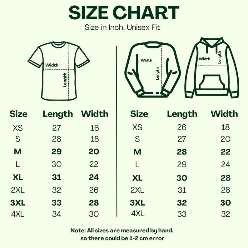 Może przedstawiać: Tabela rozmiar&oacute;w odzieży unisex z rysunkami liniowymi t-shirtu, bluzy i bluzy z kapturem. Tabela przedstawia wymiary długości i szerokości w calach dla rozmiar&oacute;w od XS do 4XL. Tekst: SIZE CHART, Size in Inch, Unisex Fit.