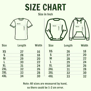 Puede incluir: Una tabla de tallas en verde y blanco, con medidas en pulgadas para camisetas, sudaderas y sudaderas con capucha. La tabla incluye tallas XS a 4XL, con dimensiones de largo y ancho para cada prenda. El texto indica un posible error de 1-2 cm.