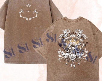 Geborduurd en gewassen anime-shirt met print: King of Curses - Kwaadaardig heiligdomontwerp, vaderdagcadeaus voor JJK-liefhebbers