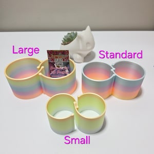 May include: A collection of rainbow-colored, double-cup planters in three sizes: large, standard, and small. The planters have a pastel gradient of colors. A white ceramic cat-shaped planter with a succulent is in the background. A business card is inside the large planter.
