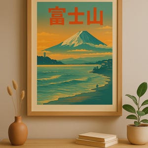 Mount Fuji Wall Art Print | Vintage-Style Japanese Landscape from Kamakura | Japan Travel Poster | Fujisan Illustration