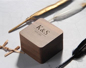 Personalized Walnut Wood Ring Box, Engraved Wedding Engagement Ring Bearer, Proposal Ring Case, Anniversary gift