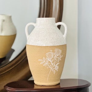 Large ceramic jar with handles, handled jar, pottery jar, white and beige ceramic jar, Amaco glaze on jar, Big pottery jar with flower