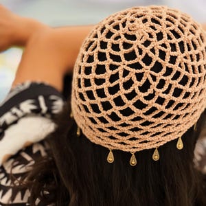 Boho Crochet Head Cover with Charms – Handmade Mesh Festival Cap, Hippie Dangle Hat, Jewelry Hair Net, Bohemian Style Headpiece for Wome