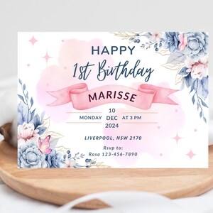 Personalised First Birthday Invitation – Custom Floral Birthday Card for Girls, Elegant 1st Birthday Invite, Printed Party Gift