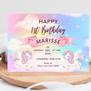 Personalised First Birthday Invitation Card– Custom Unicorn Theme Birthday Card, Custom 1st Birthday Invite, Premium Matte Finish