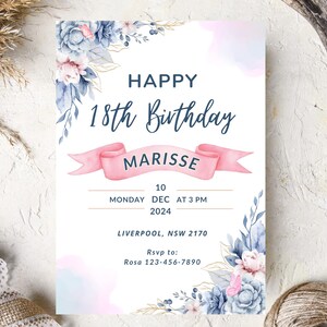Faire-part 18e anniversaire personnalisé : carte d'invitation personnalisée florale bleue et rose avec enveloppe blanche, finition mate premium