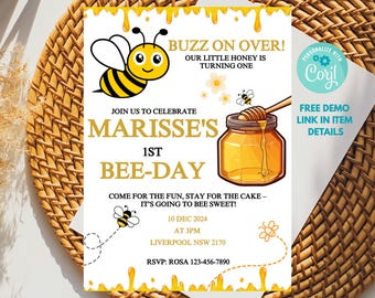 Editable Bee 1st Birthday Invitation Honey Bee Theme Party Invite Girl Or Boy Bee Day Digital Product Printable Birthday Template Download